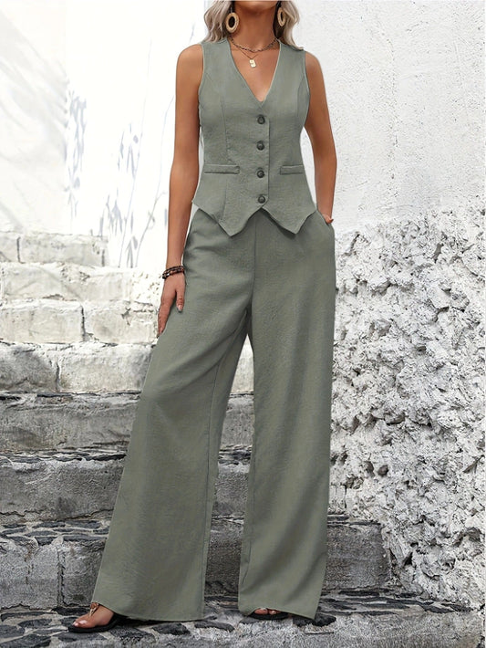 Two-Piece Women Slim Fit Vest Wide Pants Elegant Business