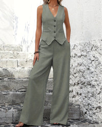 Two-Piece Women Slim Fit Vest Wide Pants Elegant Business