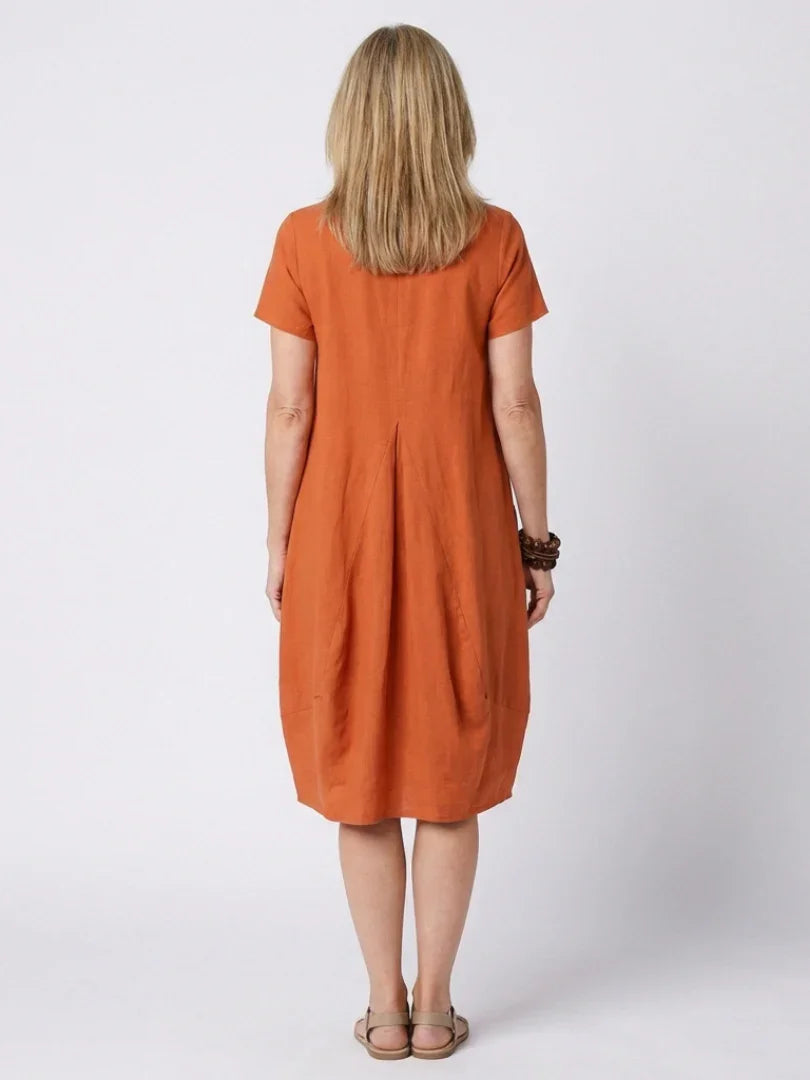 Short Sleeve Pleated Knee-Length Dress Women Relaxed Fit Casual