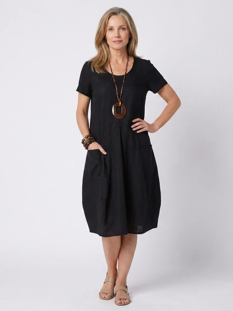 Short Sleeve Pleated Knee-Length Dress Women Relaxed Fit Casual