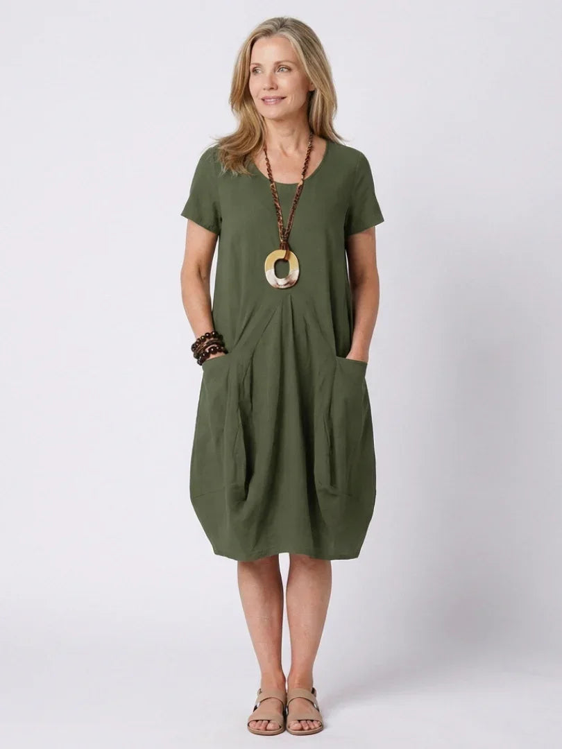 Short Sleeve Pleated Knee-Length Dress Women Relaxed Fit Casual