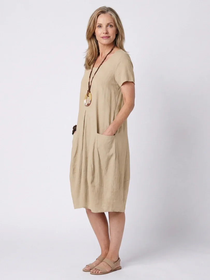 Short Sleeve Pleated Knee-Length Dress Women Relaxed Fit Casual