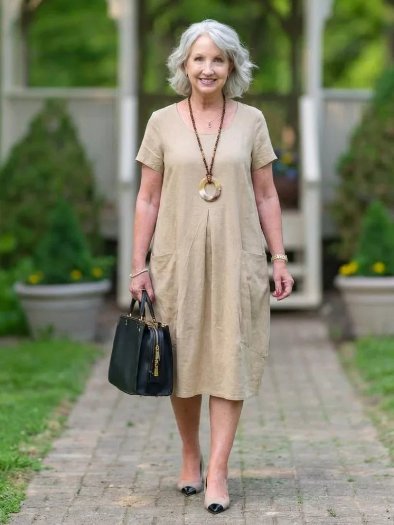 Short Sleeve Pleated Knee-Length Dress Women Relaxed Fit Casual