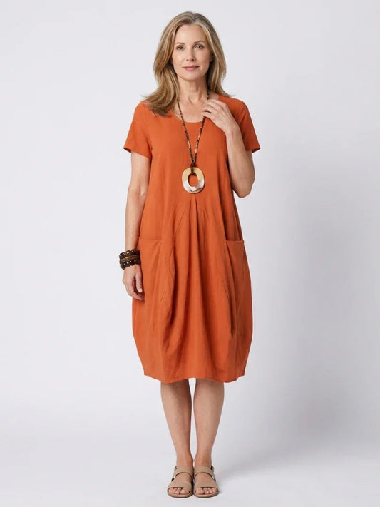 Short Sleeve Pleated Knee-Length Dress Women Relaxed Fit Casual