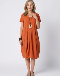 Short Sleeve Pleated Knee-Length Dress Women Relaxed Fit Casual
