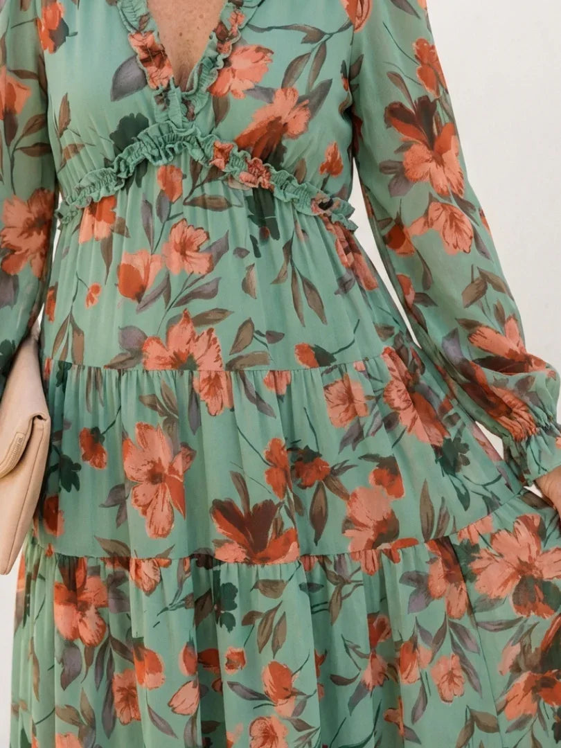 Maxi Dress Women Regular Fit Casual Long Sleeve Floral
