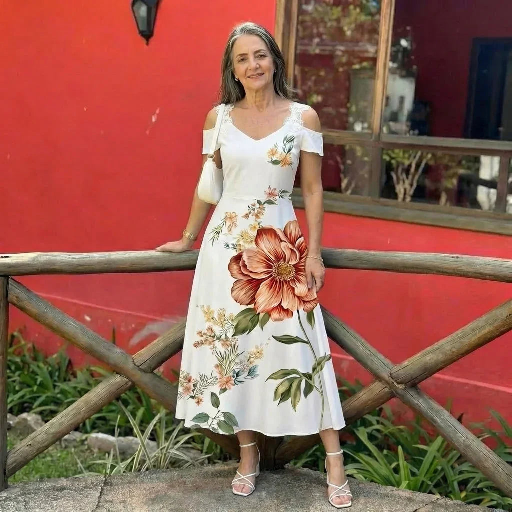 Floral Off-Shoulder A-Line Midi Dress Women Relaxed Fit Casual
