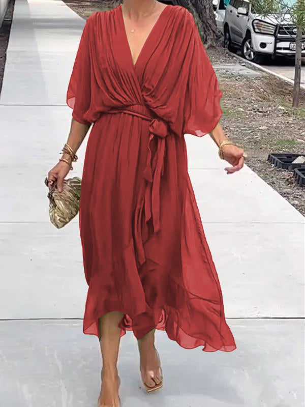 Elegant V-Neck Dress Women Relaxed Fit Casual Elegant