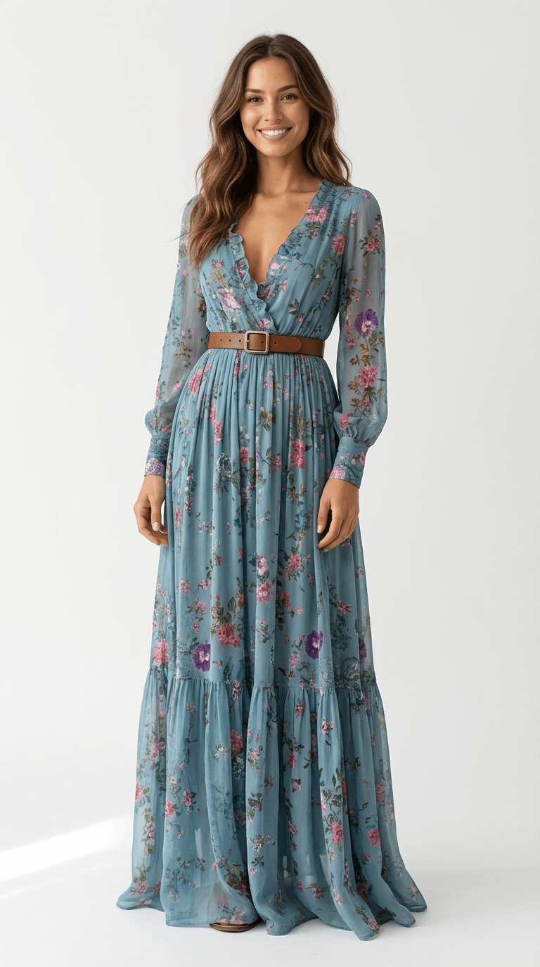 Maxi Dress Women Regular Fit Casual Boho Long Sleeve