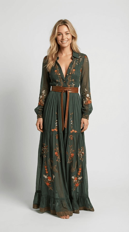Maxi Dress Women Regular Fit Casual Boho Long Sleeve