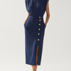 Women’s Navy Blue Midi Dress – Tailored Fit – Side Slit – Button Front