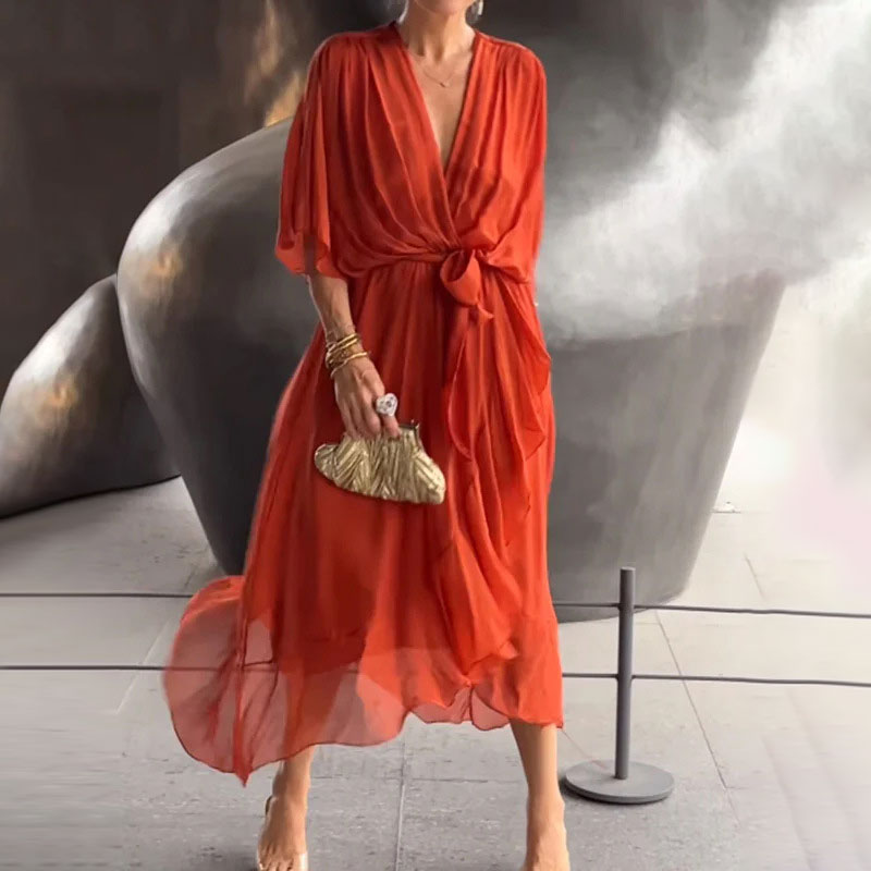 Elegant V-Neck Dress Women Regular Fit Casual