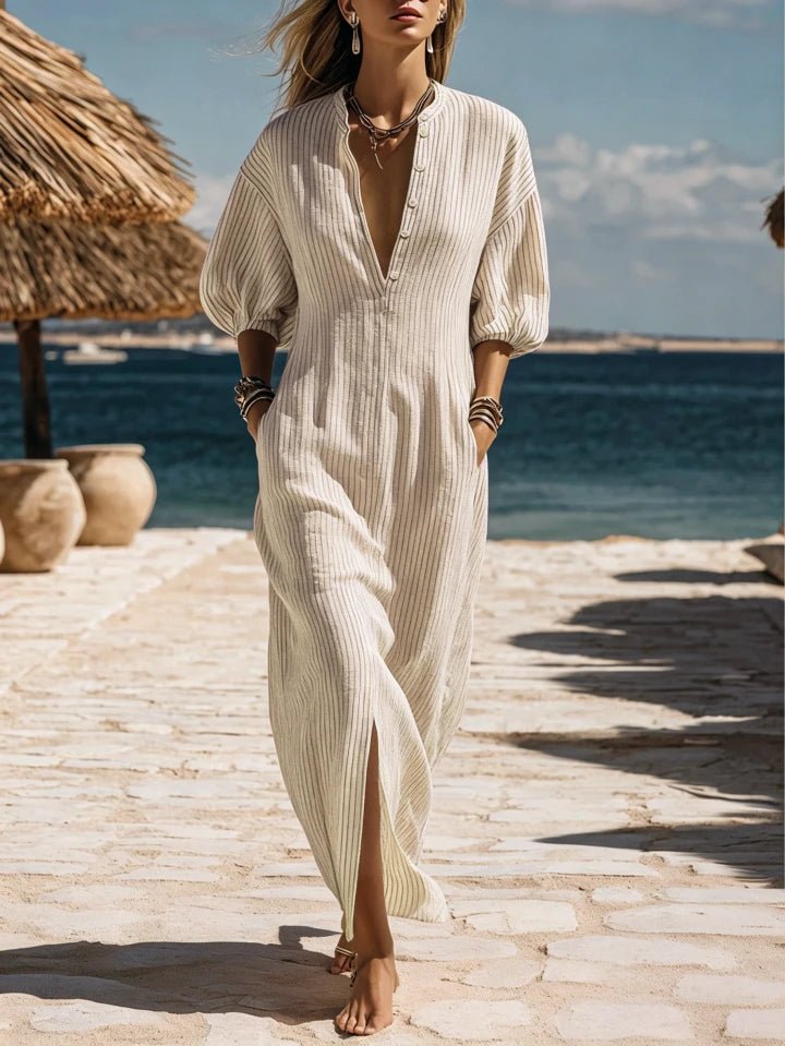 Midi Dress Women Relaxed Fit Casual Striped Button-Down