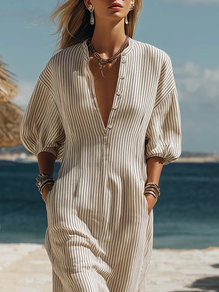 Midi Dress Women Relaxed Fit Casual Striped Button-Down