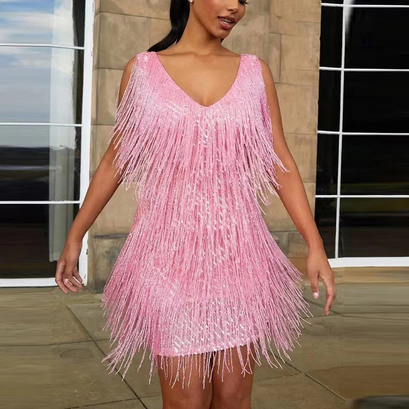 Sequin Fringe Flapper Dress Women Slim Fit Party Evening